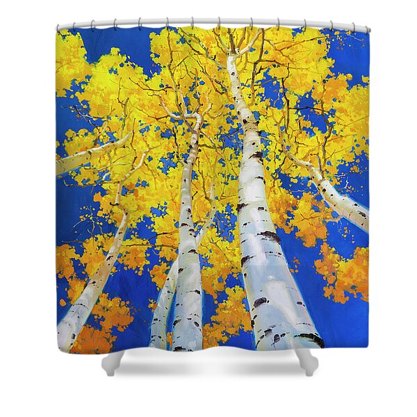 Tree Shower Curtain Abstract Birch Forest Vintage Hand Painted Retro Blue Tan 